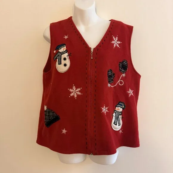 VINTAGE Red Fleece Snowman Christmas Vest Embroidered Zip Front Size Large - Picture 2 of 8